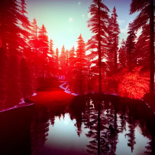 Image similar to a photo of a dream world, forest, river, red spotlight, dark lighting, reflective surface, unreal engine