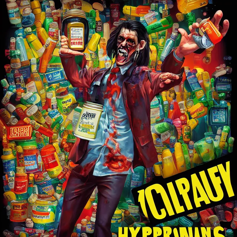 Image similar to hyperdetailed cyber fun 70's poster painting in a color style of 70's black poster art of an a crazy pharmacist zombie holding a giant jar of pills, epic scale ultrawide angle, 3D rendered, Vray rendered, octane render, unreal engine