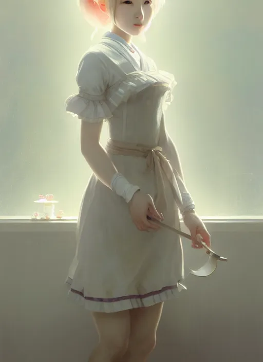 Prompt: symmetry!! portrait of a pretty japanese girl with blonde hair dressed as a french maid, elegant, highly detailed, digital painting, 8 k, concept art, smooth, sharp focus, illustration, ethereal, misty, octane render, by ruan jia and greg rutkowski and alphonse mucha