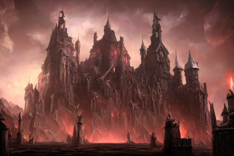 Image similar to big evil castle - city rock dark shadow elves, might and magic heroes vii, dark fantasy, shadows, artstation trending, unreal engine 5, red