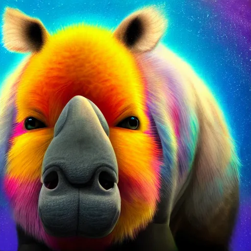 Prompt: cute fluffy rhinocerous with long flowing colorful fur character concept detailed painting 4 k