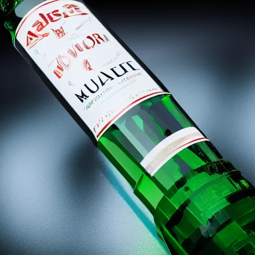 Prompt: 3d render of a new Absolute Vodka or Maliu on Designed glass bottle using the unreal engine with professional lighting photo product development Malibu logo sticker