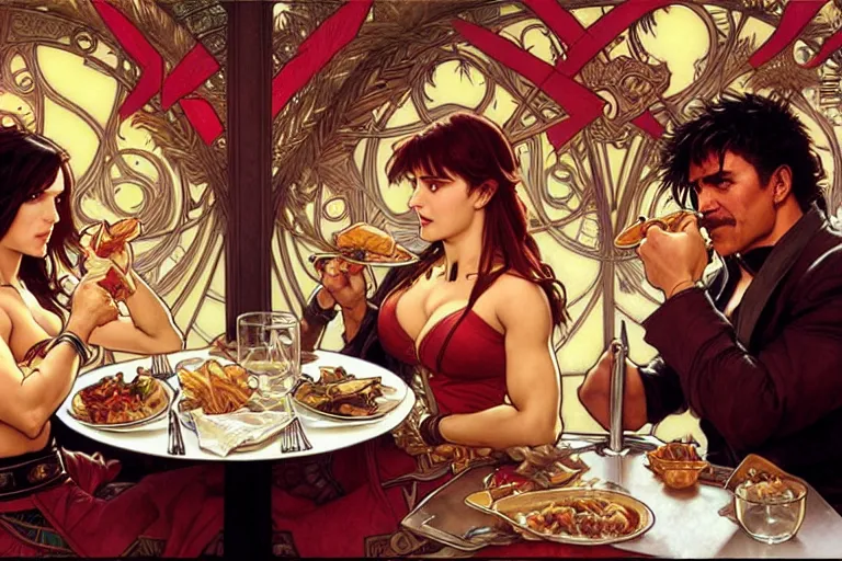 Image similar to xena warrior princess eating at a restaurant, with a hispanic man in a suit as her companion, art by artgerm and greg rutkowski and alphonse mucha