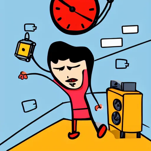 Image similar to a man being dragged by a giant angry alarm clock with arms and legs. cartoon illustration. semi-realistic