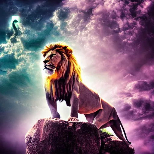 Image similar to majestic lion alien hybrid, epic landscape, hd, demonic, winged