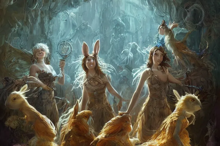 Prompt: the muses. sacred singers they who took up the strings of the deep, and turned the cacophony of an angry world into songs of unity and peace. there's a feathered bunny audience. morning lighting, cinematic fantasy painting, dungeons and dragons, jessica rossier and brian froud