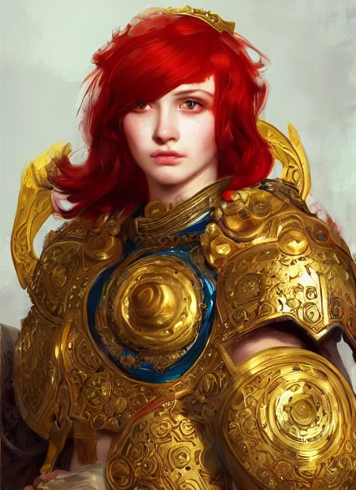 Image similar to portrait of an ancient roman character with red hair in incredible rich ornate armor, by ilya kuvshinov, by thomas lawrence, by bayard wu, trending on artstation, masterpiece