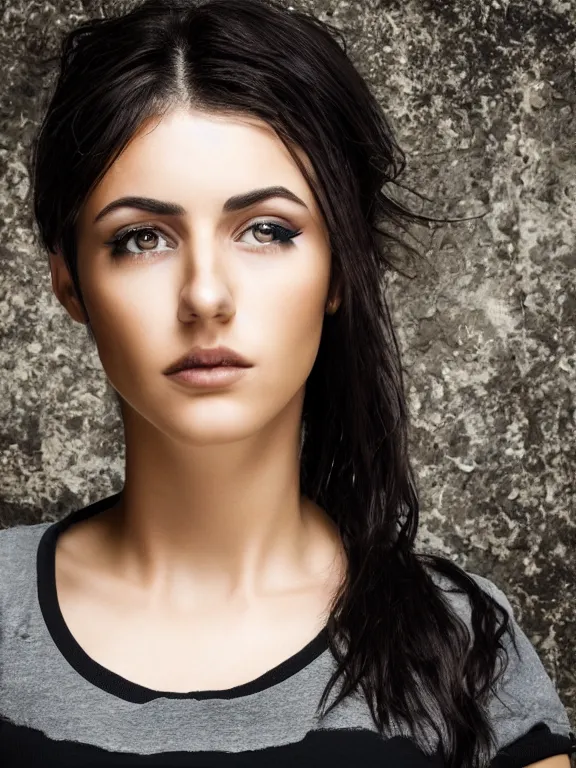 Image similar to hyperdetailed photo of a beautiful italian girl, brown eyes, dark hair, black makeup, skin, winds of winter, with ripped crop t - shirt with a logo, fine - face, pretty face