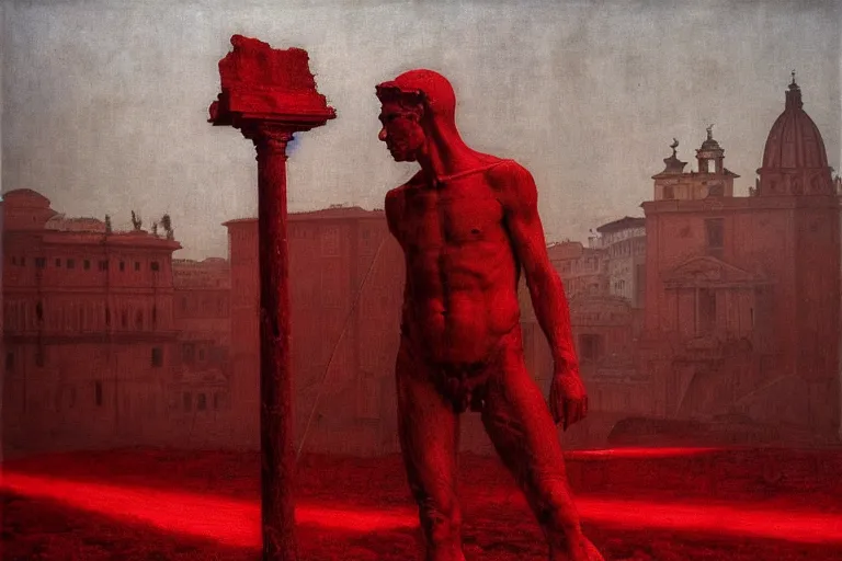 Image similar to only with red, caesar after war, the deal, a red tiger, in hoc signo vinces, rome in background, an ancient path, in the style of beksinski, part by hopper, part by rodcenko, part by hofbauer, intricate composition, red by caravaggio, insanely quality, highly detailed, masterpiece, red light, artstation