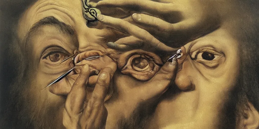 Image similar to a man removing a nail from the middle of his forehead where he has a third eye by dali