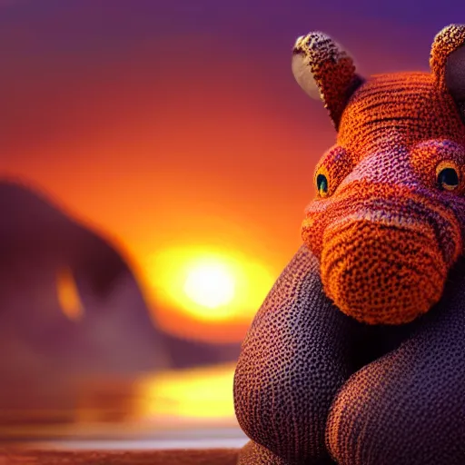 Image similar to a closeup photorealistic photograph of a cute knitted tiger hippopotamus riding an epic wave during sunset. well textured. surf in the background. professional capture. brightly lit scene. this 4 k hd image is trending on artstation, featured on behance, well - rendered, extra crisp, features intricate detail, epic composition and the style of unreal engine.