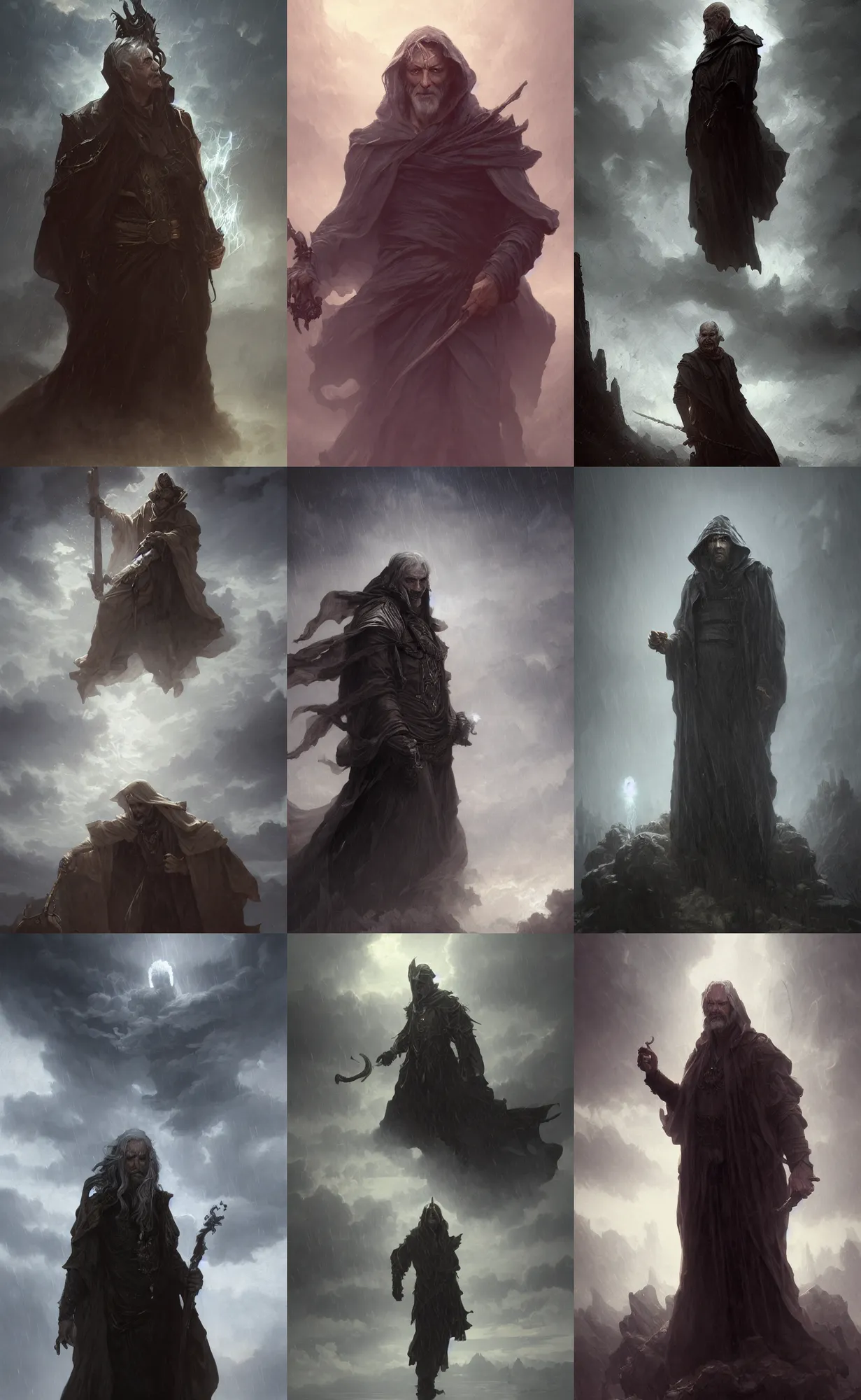 Prompt: old male warlock, ghost, dark fantasy, clouds, rain, wind, intricate, highly detailed, artstation, illustration, jurgens, rutkowski, bouguereau