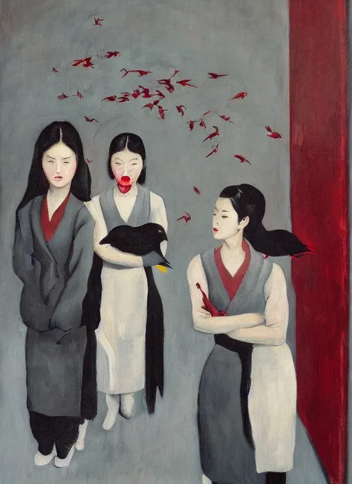 Image similar to a painting of gorgeous asian student girls with frozen cold stare, blood red background, transparent gray dresses, crows flying with red eyes trapped in the void as a symbol of death, in style of Edward Hopper, John Singer Sargant, Chaim Soutine, surrealism of Francis Bacon, American Gothic, 8k, ultradetailed