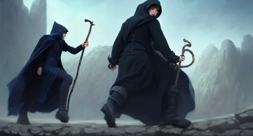 Image similar to handsome mage holding a staff running away from giant airship, black hair wearing square hooded gothic navy cloak, cave town, movie action still frame, ultra wide horizon, intricate, elegant, highly detailed, hyperrealism, digital painting, concept art, smooth, sharp, focus, illustration, art by artgerm, greg rutkowski, ilya kuvshinov