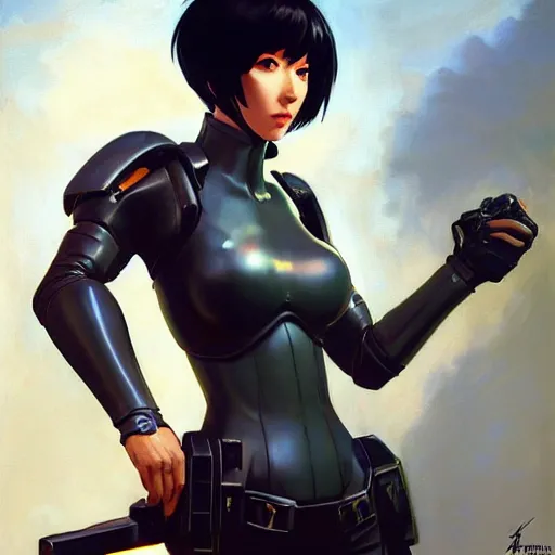 Image similar to greg manchess portrait painting of partially armored motoko kusanagi as overwatch character, medium shot, asymmetrical, profile picture, organic painting, sunny day, matte painting, bold shapes, hard edges, street art, trending on artstation, by huang guangjian, gil elvgren, ruan jia, greg rutkowski, gaston bussiere