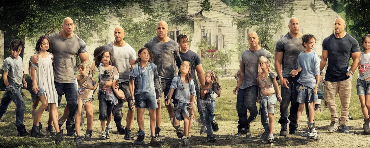 Prompt: closeup photo of vin diesel and his 6 children, sunny day, village house, pastoral, happy, cinematic, art by jan urschel and neil blevins