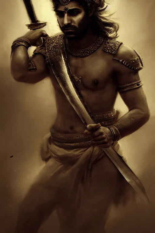 Image similar to portrait of a Persian Prince fighting at war, warrior, brutal battle, handsome prince, shaved face, without beard, attractive young man, shaved face, heroic pose, dramatic lighting, dark and horror, action and tragedy, dust and blood, intricate, wild, highly detailed, digital painting, artstation, concept art, smooth, sharp focus, illustration, art by artgerm and greg rutkowski and alphonse mucha, footage from space camera