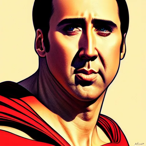 Image similar to upper body portrait of nicolas cage as superman, intricate, elegant, highly detailed, digital painting, artstation, concept art, smooth, sharp focus, illustration, art by artgerm and greg rutkowski and alphonse mucha, award winning, 8 k