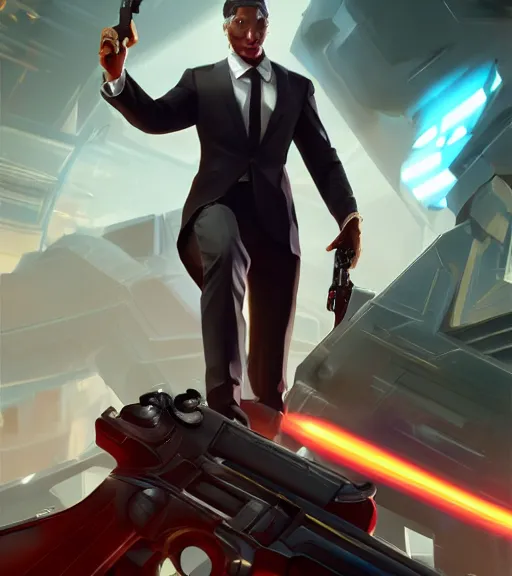 Image similar to a man in formal suit wielding dual sci-fi guns, octane render, character splash art, fighting pose, action pose, digital painting, WLOP, trending on artstation, 8k, epic composition, highly detailed, sharp focus
