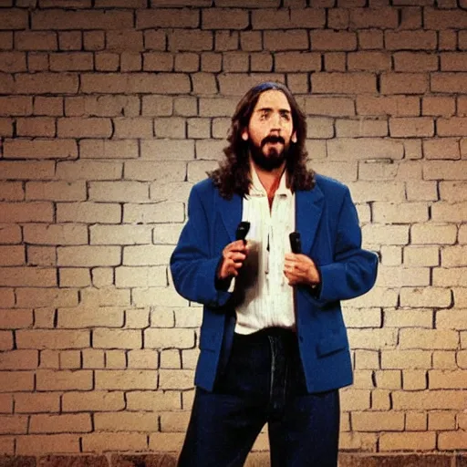 Prompt: Photo still of Jesus Christ in 1990s clothing doing a stand-up routine in front of a brick wall in a dimly lit comedy club, in the style of the TV show Seinfeld (1994)