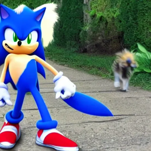 Image similar to sonic walking his dog