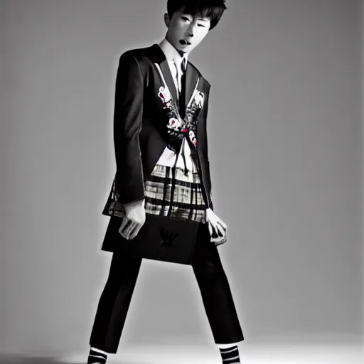 Prompt: a beautiful young korean male wearing moschino couture, photographed by erwin olaf