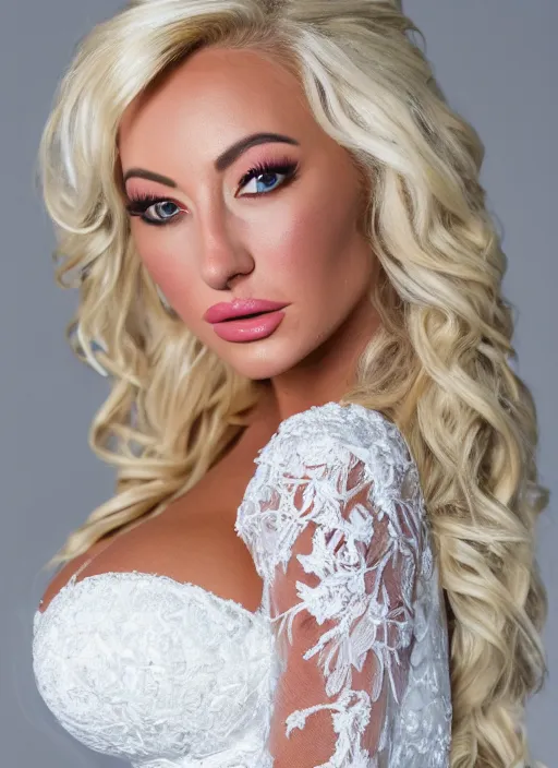 Image similar to portrait of lindsey pelas wearing white marriage gown, by charlotte grimm, natural light, detailed face, beautiful features, symmetrical, canon eos c 3 0 0, ƒ 1. 8, 3 5 mm, 8 k, medium - format print,