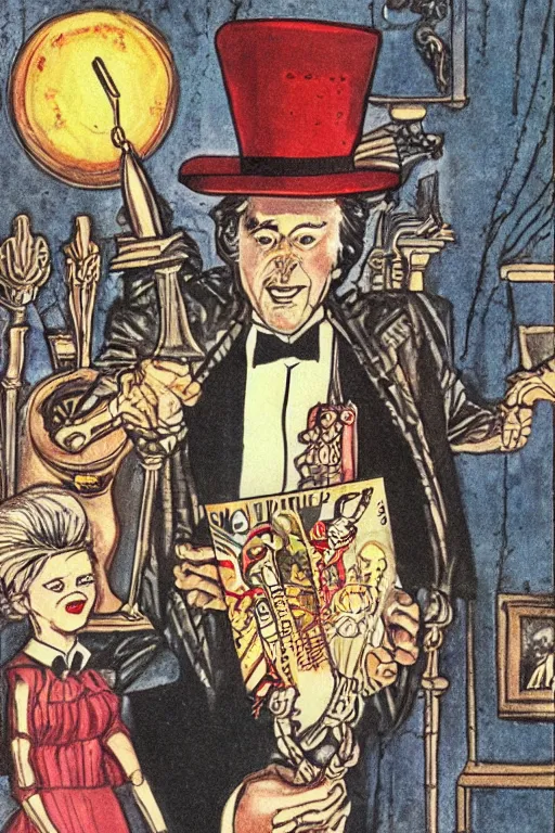 Prompt: detailed illustration of a great magician, 1 9 8 0 s