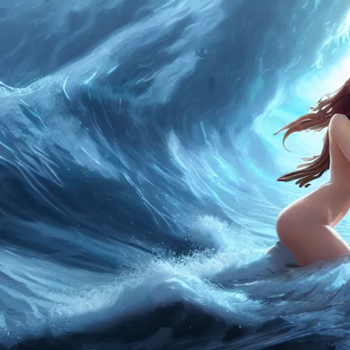 Image similar to beautiful goddess of water stands in her power as waves crash around her, 8k resolution matte fantasy painting, cinematic lighting, DeviantArt Artstation, by Ross Tran