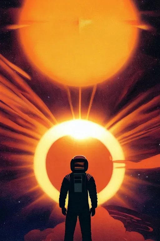 Prompt: long shot from behind of an astronaut floating alone in space silhouetted against the sun, dramatic backlighting, somber, golden hour, low-key lighting, redscale photography, color contrast, high contrast, highly detailed, sharp focus, digital painting, concept art, illustration, trending on artstation, art by greg rutkowski + greg hildebrandt + alphonse mucha