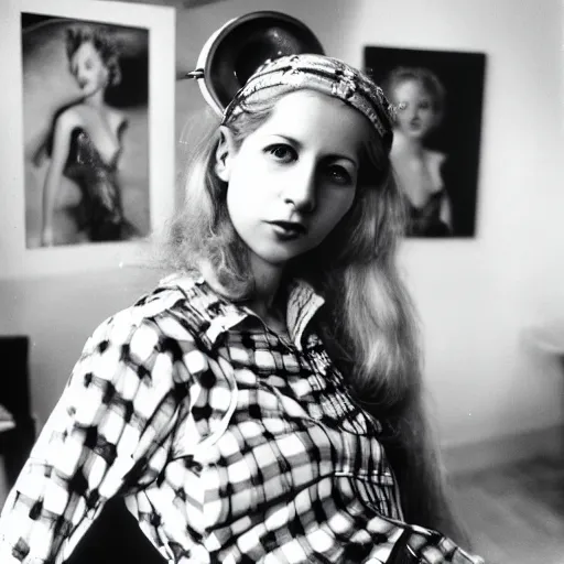 Prompt: blonde mata hari as an artist in a checked shirt paints a realistic self - portrait. in her atelier. shot on 3 5 mm analogue camera. professional modern candid photography. perfect anatomy, beautiful eyes. photorealism. real life.