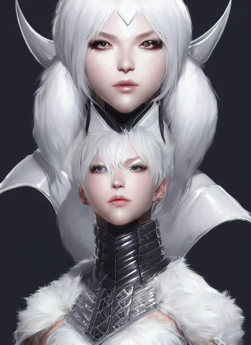 Image similar to fur - lined armor!!! beautiful and elegant white haired female!! gorgeous ayes!! character concept art, sharp focus, octane render! unreal engine 5! highly rendered!! trending on artstation!! detailed linework!! illustration by artgerm, wlop, and chie yoshii