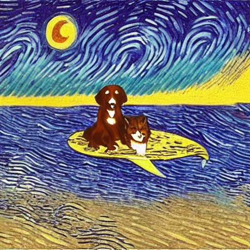 Image similar to dog and a cat surfing the sea during twilight in van gogh style