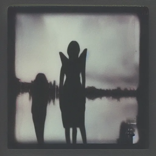 Image similar to polaroid of a dream, silhouettes, reflection, double exposure, high contrast, by Hayao Miyazaki