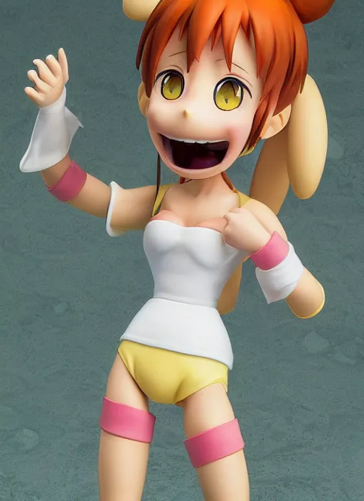 Prompt: a hyperrealistic Kotobukiya oil panting of a looney kawaii vocaloid figurine caricature with a big dumb goofy buck tooth grin, freckles, and pretty sparkling anime eyes featured on Wallace and Gromit by norman rockwell