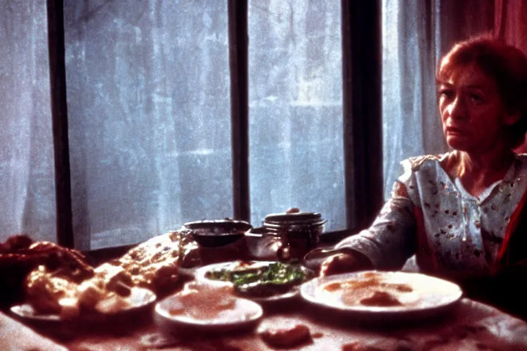 Image similar to soviet movie still a soviet woman sitting at a table next to the window with food, dark warm light, a character portrait by margarita terekhova, movie stalker solaris film still by andrei tarkovsky, 8 k, 1 9 8 4, close - up bokeh, gelios lens, color, noir