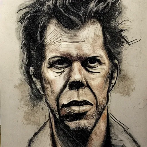 Image similar to tom waits portrait sketch on stained and moldy paper