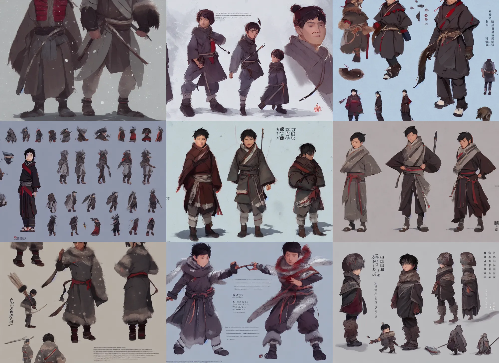 Prompt: character sheet for a cute wuxia style inuit boy, winter clothes has complex pattern, dynamic color, for genshin impact by greg rutkowski, by studio ghibli, digital art, trending on artstation, hd, 8 k, highly detailed, good lighting, beautiful, masterpiece