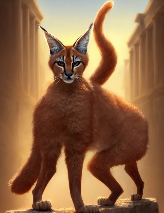 Prompt: cute fluffy caracal in a ancient greek city, wearing cowboy hat on head | | cute, key visual, realistic shaded perfect face, fine details by stanley artgerm lau, wlop, rossdraws, james jean, andrei riabovitchev, marc simonetti, and sakimichan, trending on artstation