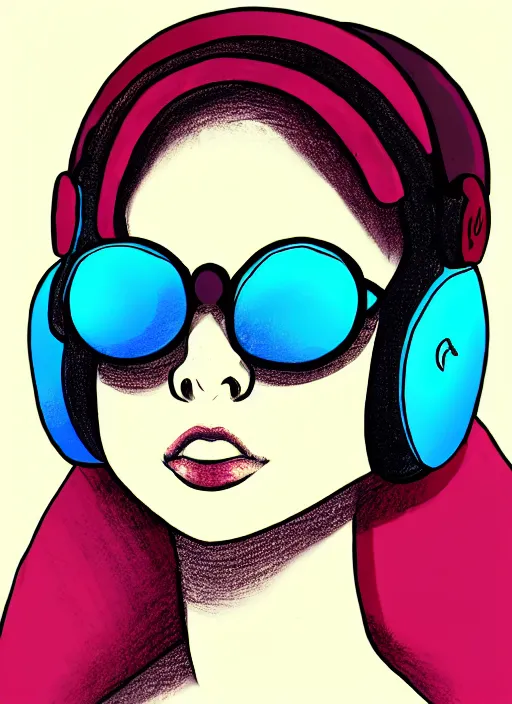 Prompt: portrait of a girl, with big headphones on her head, wearing rose - colored glasses, art by lelevina