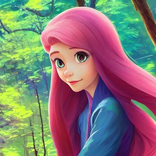 Prompt: portrait of princess rapunzel, tower surrounded by forest background, rich vivid colors, ambient lighting, dynamic lighting, 4k, official media, anime key visual, makoto shinkai, ilya kuvshinov, lois van baarle, rossdraws, detailed, trending on artstation