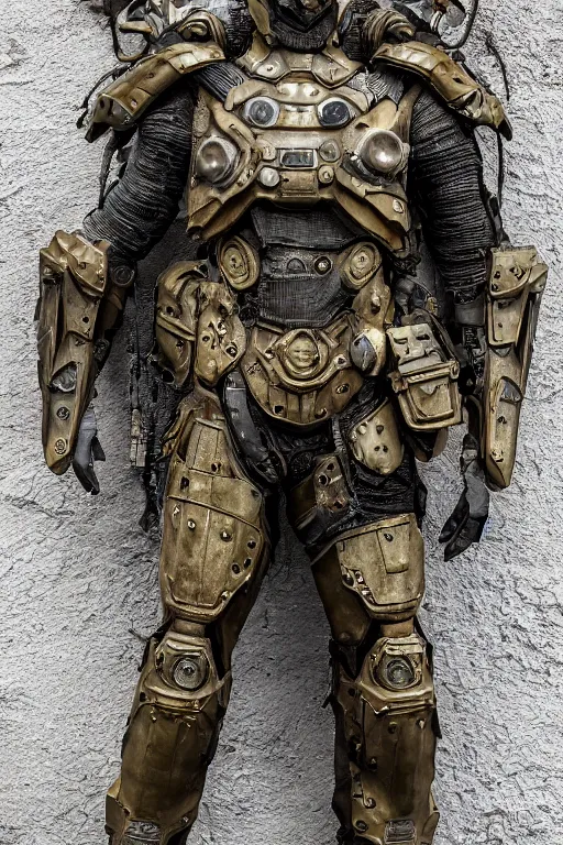 Image similar to photo taken of an epic intricate, ultra detailed, super realistic gritty, hero prop, exquisitely weathered armoured hazardsuit movie props, created by weta workshop, full body shot, photorealistic, sharp focus, white wall, cold colour temperture, golden ratio