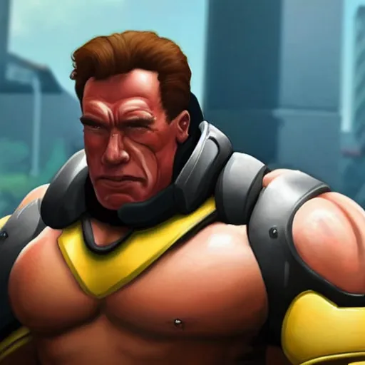 Image similar to a screenshot of arnold schwarzenegger as winston in overwatch