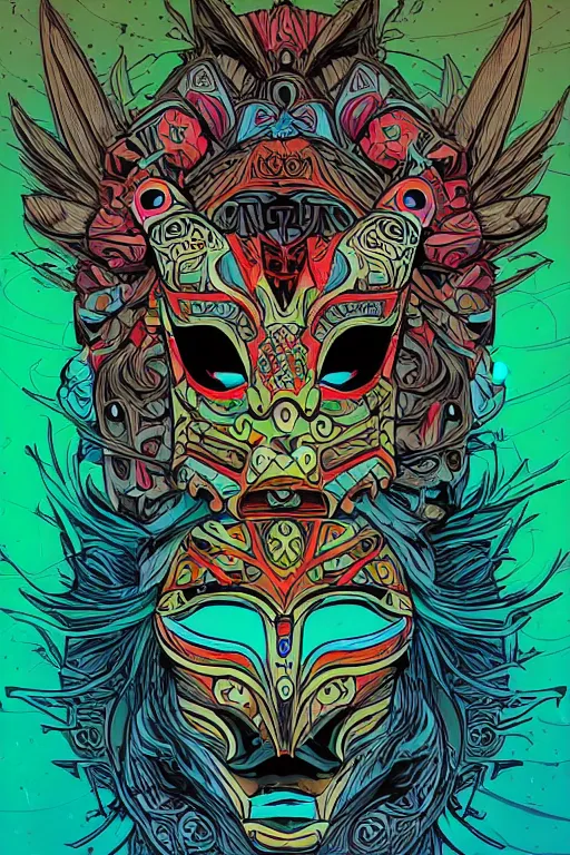 Image similar to animal mask totem roots flower tribal feather gemstone plant wood rock shaman vodoo video game vector cutout illustration vivid multicolor borderlands comics by josan gonzales and dan mumford radiating a glowing aura