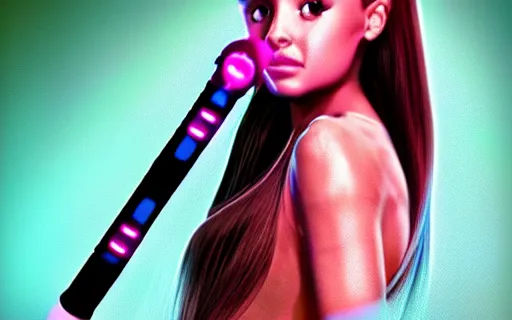 Image similar to A hyper realistic photo of Ariana Grande in the Star Wars universe with two pink lightsabers. Maximum detail on artstation, photo realism