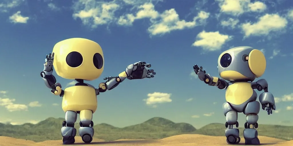 Image similar to “kawaii robot high fiving in a landscape”