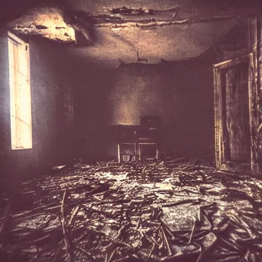 Prompt: a grainy photo of a creepy creature in a dilapidated room