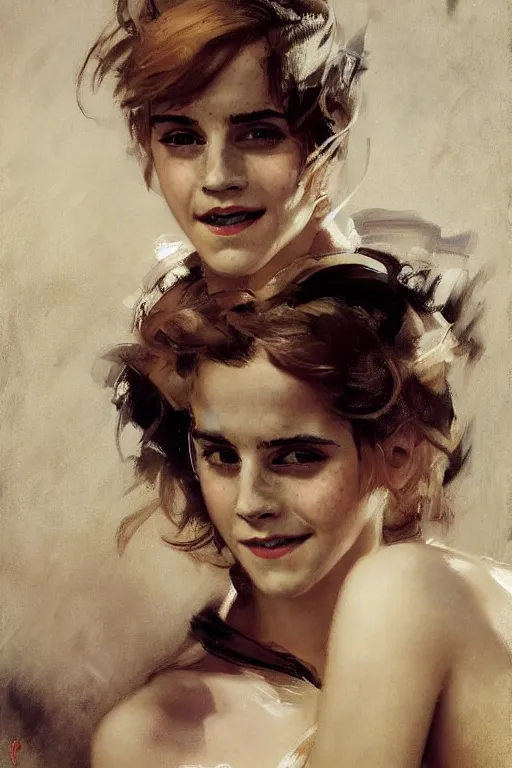 Image similar to emma watson laughing detailed portrait painting by gaston bussiere craig mullins j. c. leyendecker photograph by richard avedon peter lindbergh