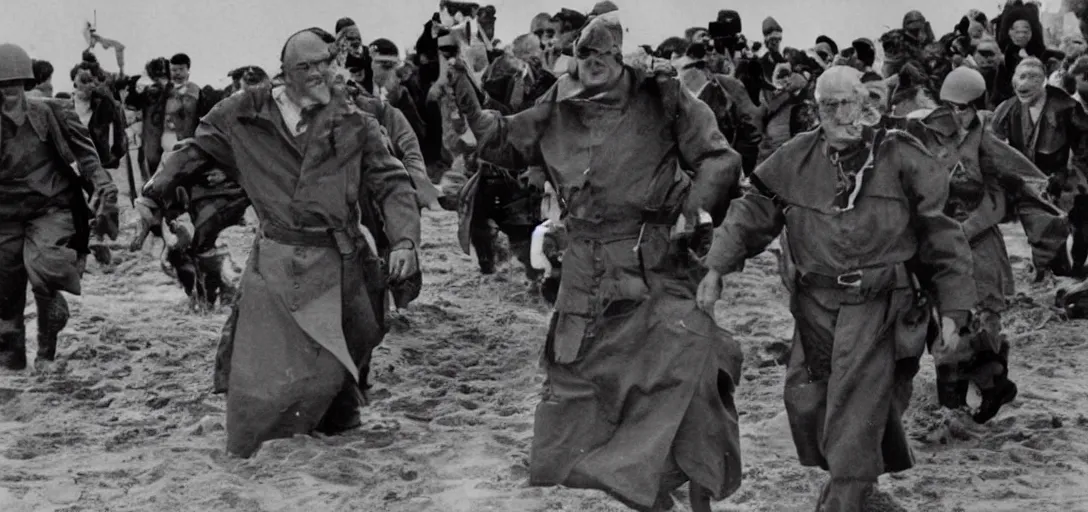 Image similar to the pope storming omaha beach during ww ii