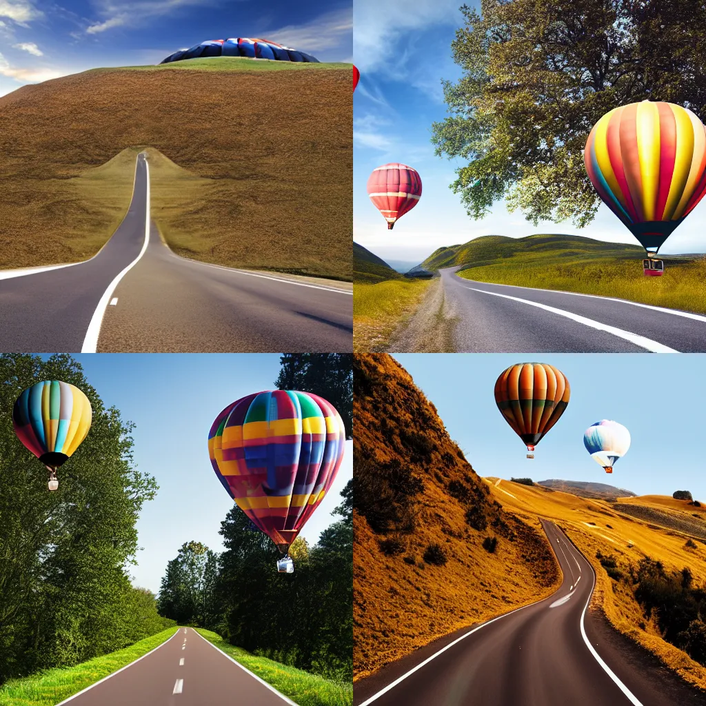 Prompt: Autorefractor image of a road running down a hill, with a hot air balloon above it